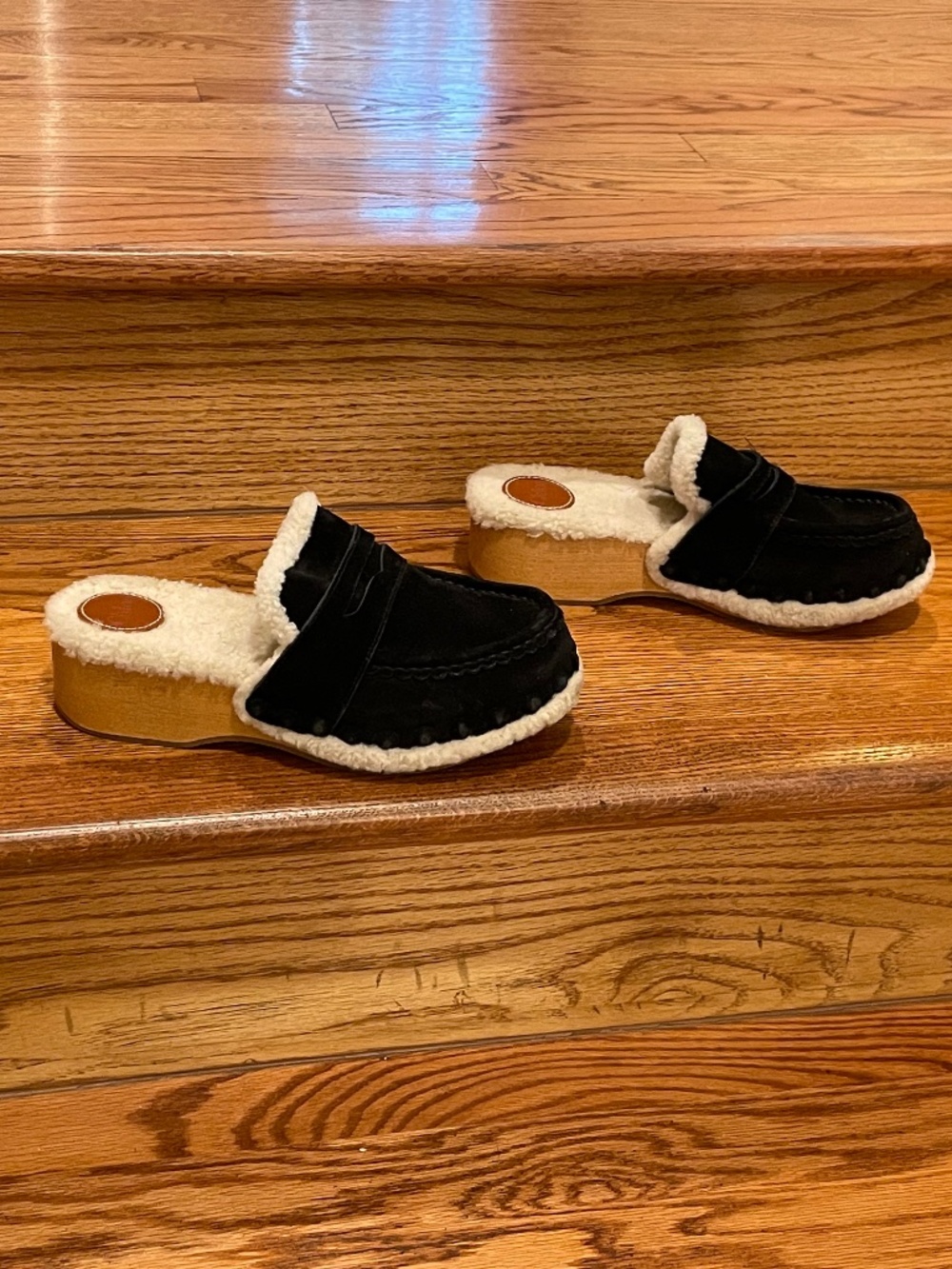 Chloé Joy Black Suede Shearling Lined Platform Clog Mules Sz 36 - Picture 8 of 8